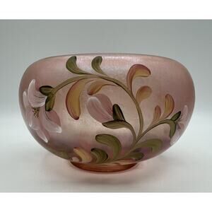 Fenton Hand Painted Pink Iridescent Stretch Glass 6” Floral Rose Bowl Signed